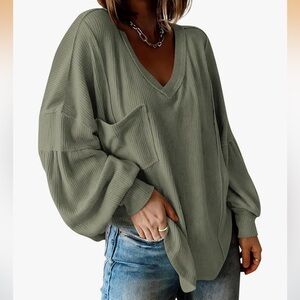 Women's Ribbed BTFBM Relaxed V-Neck Oversized Top Olive Green